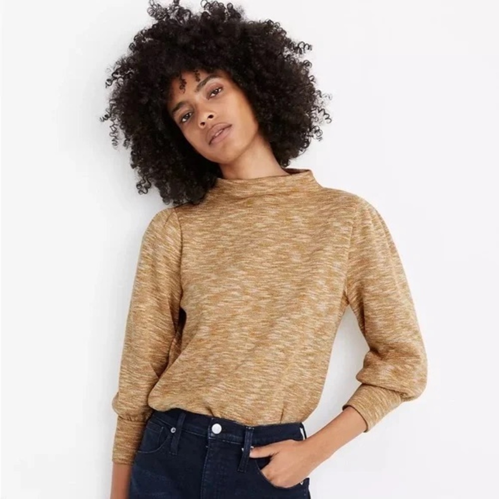 Madewell Womens XS Marled Mockneck Puff Sleeve Top Mustard Yellow Knit Sweater